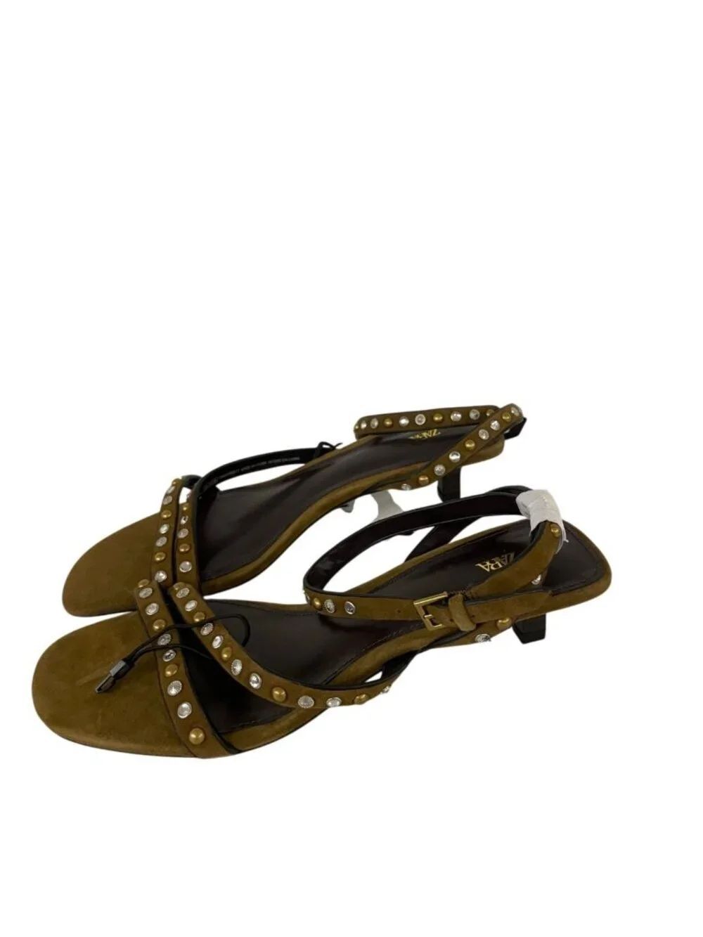 Zara Womens Suede Sandals EU 38 US 7.5 Olive Green Studded Heels 1346/610 NWOB - Picture 8 of 12